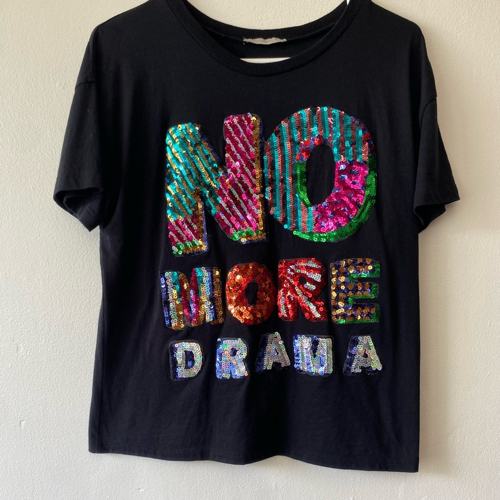 Women’s Black Sequin 'NO MORE DRAMA' Graphic Tee
